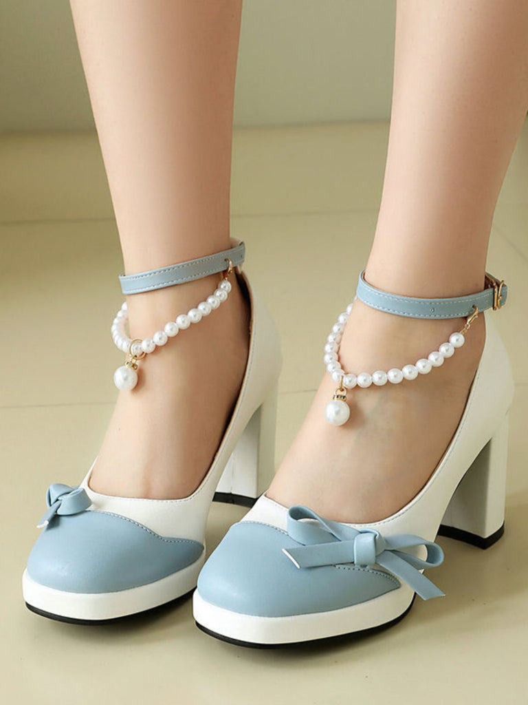 Chaussures à Talon Bloc Bride Cheville Perles Bicolore Nœud