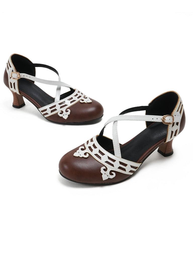 chaussures Bicolore Sangles Croisées Talon Kitten Mary Jane Chaussures 11