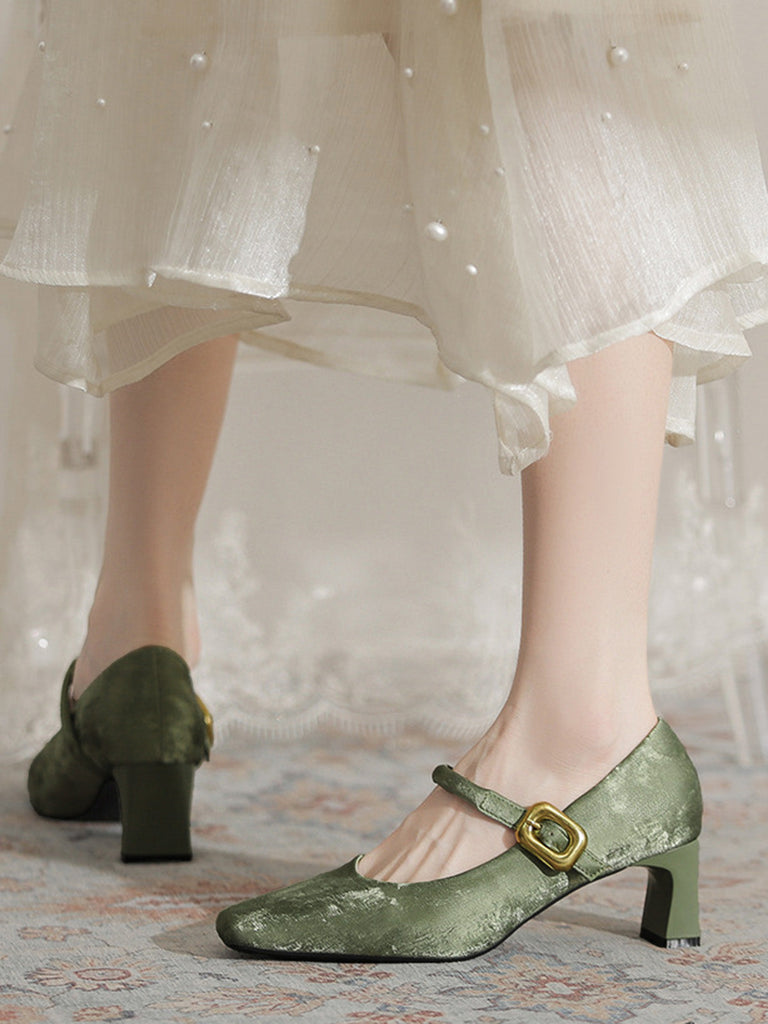 Chaussures Mary Jane à Talon Bloc Boucle Velours Vert