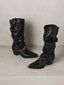 Bottes Western Plissées Noires À Pointes Talon Carré Mi-Mollet