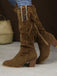 Bottes hautes marron en daim à pompons ethniques et talon épais