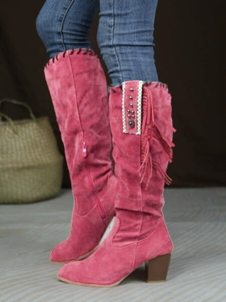 Bottes hautes marron en daim à pompons ethniques et talon épais
