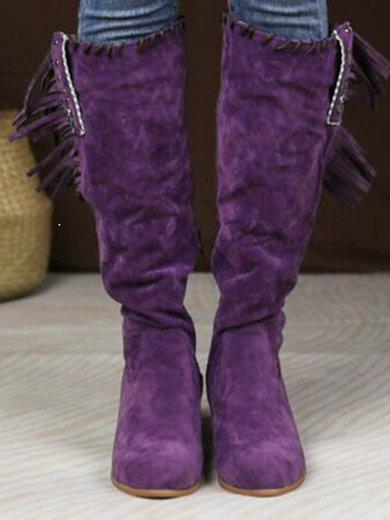 Bottes hautes marron en daim à pompons ethniques et talon épais