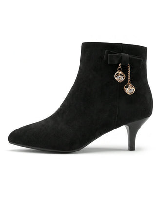 Bottines noires en flanelle à nœud, strass et talon conique