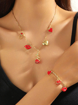 Ensemble collier et bracelet Rose rouge Cœur Lèvres