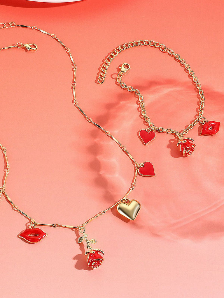 Ensemble collier et bracelet Rose rouge Cœur Lèvres