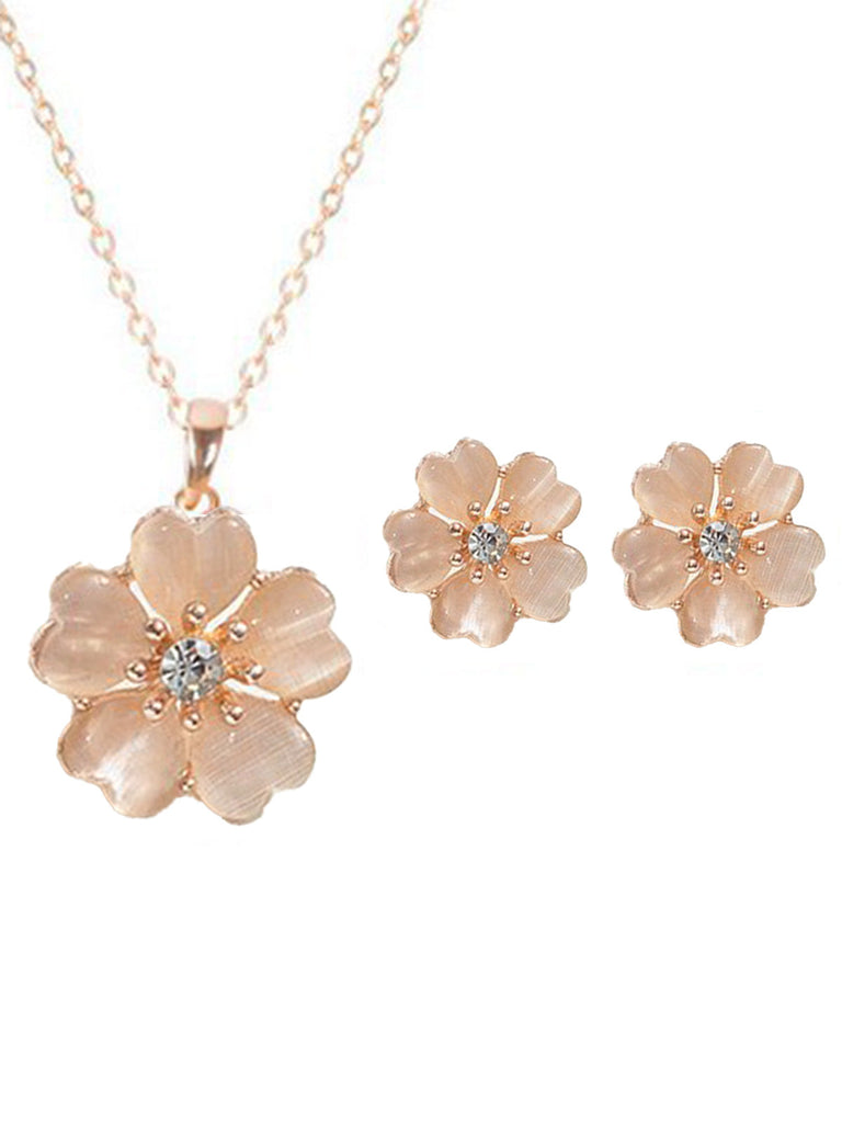 Ensemble Collier et Boucles d'Oreilles Rose à Pendentif Fleur en Cristal 2