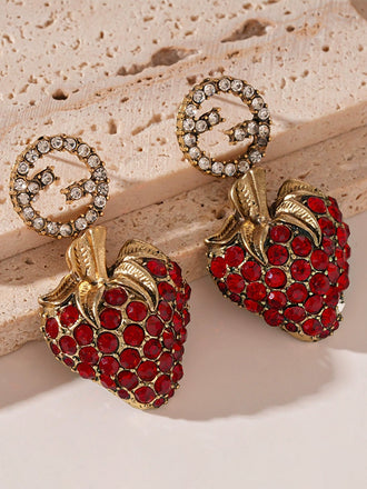 Boucles d'Oreilles Fraise Métal Strass Rouge