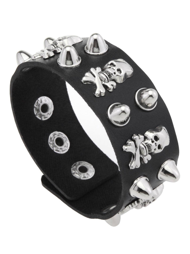 Bracelet manchette punk en cuir clouté à crâne