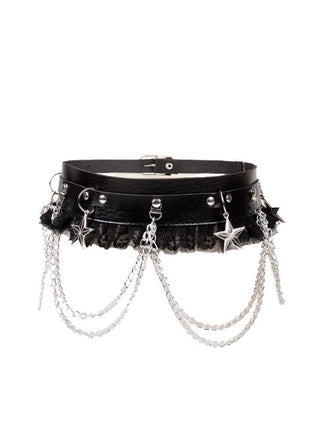 Ceinture harnais gothique noire à étoiles, chaînes, dentelle et volants