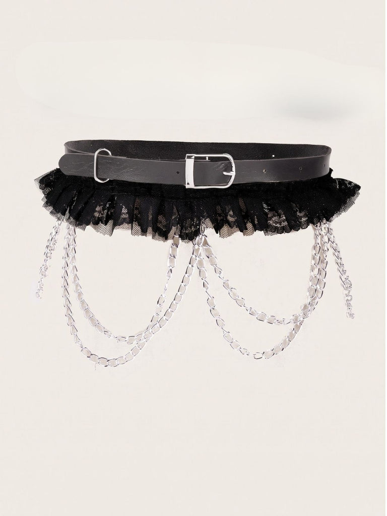 Ceinture harnais gothique noire à étoiles, chaînes, dentelle et volants