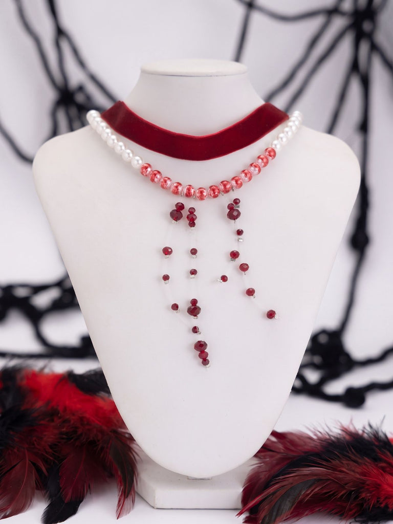 Collier ras-du-cou rouge sang en velours et perles