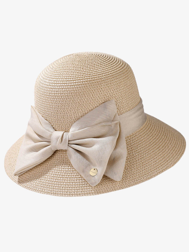Chapeau Ruffia à large bord et nœud papillon vintage