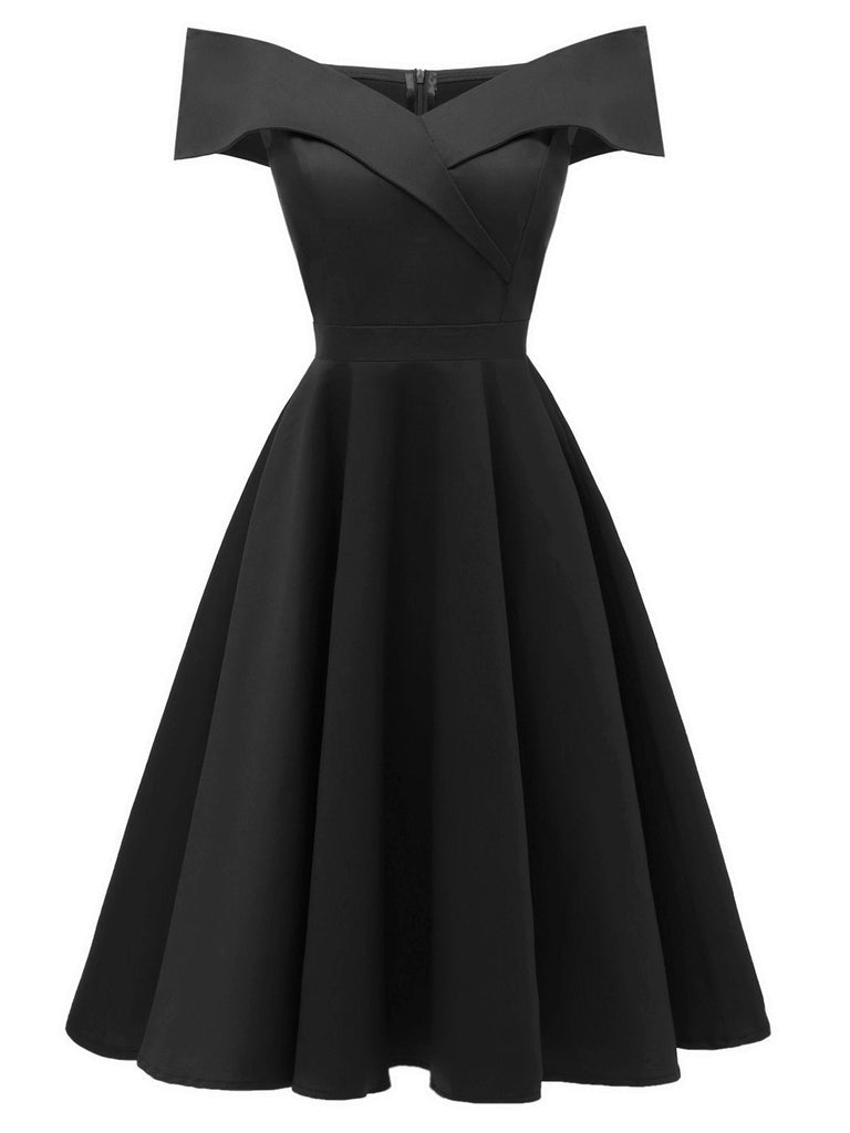 Robe Swing Vintage Année 50 Solide Epaule Nu Soirée Cocktail 5