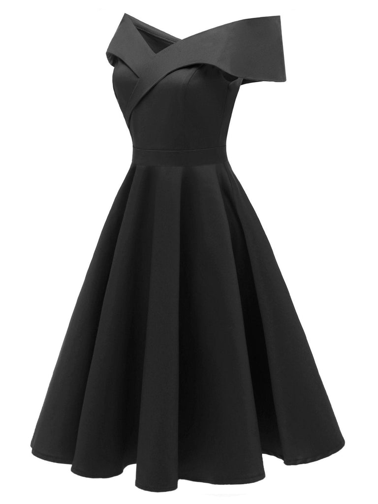 Robe Swing Vintage Année 50 Solide Epaule Nu Soirée Cocktail 6
