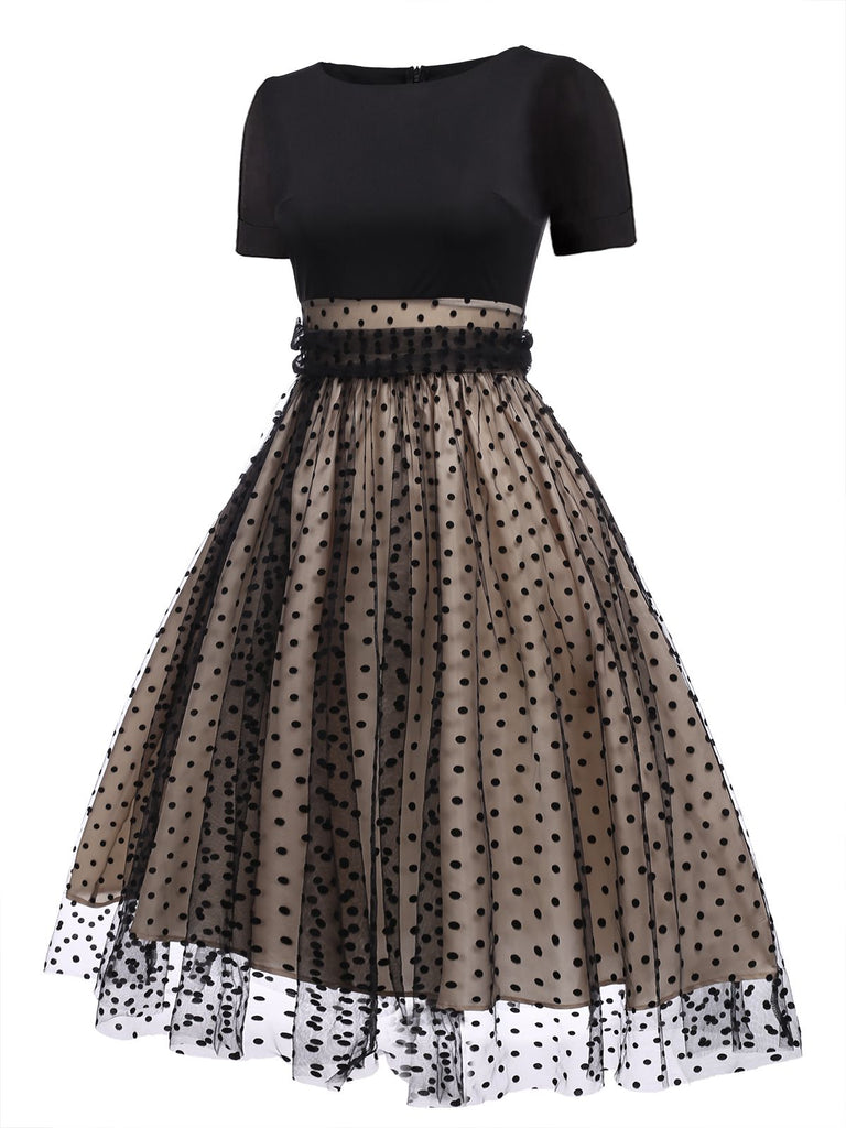 Robe Swing Vintage Année 50 Noire à Pois de Cœur Cocktail Pin Up