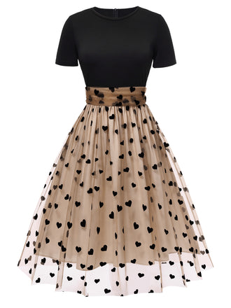 Robe Swing Vintage Année 50 Noire à Pois de Cœur Cocktail Pin Up