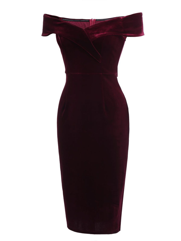 Robe Crayon Vintage Verte Année 60 Solide en Velours 9