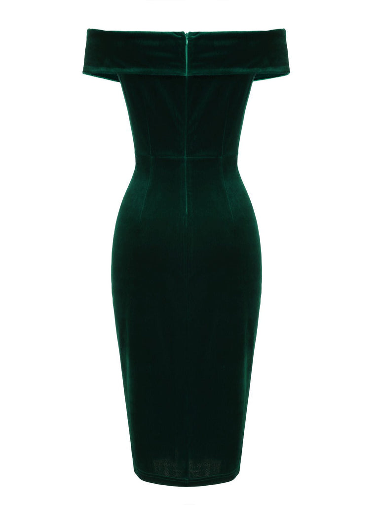 Robe Crayon Vintage Verte Année 60 Solide en Velours 3