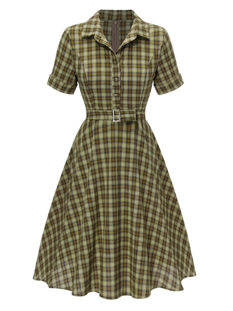 Robe Swing Vintage Verte Année 50 Boutonnée avec Ceinture Chic
