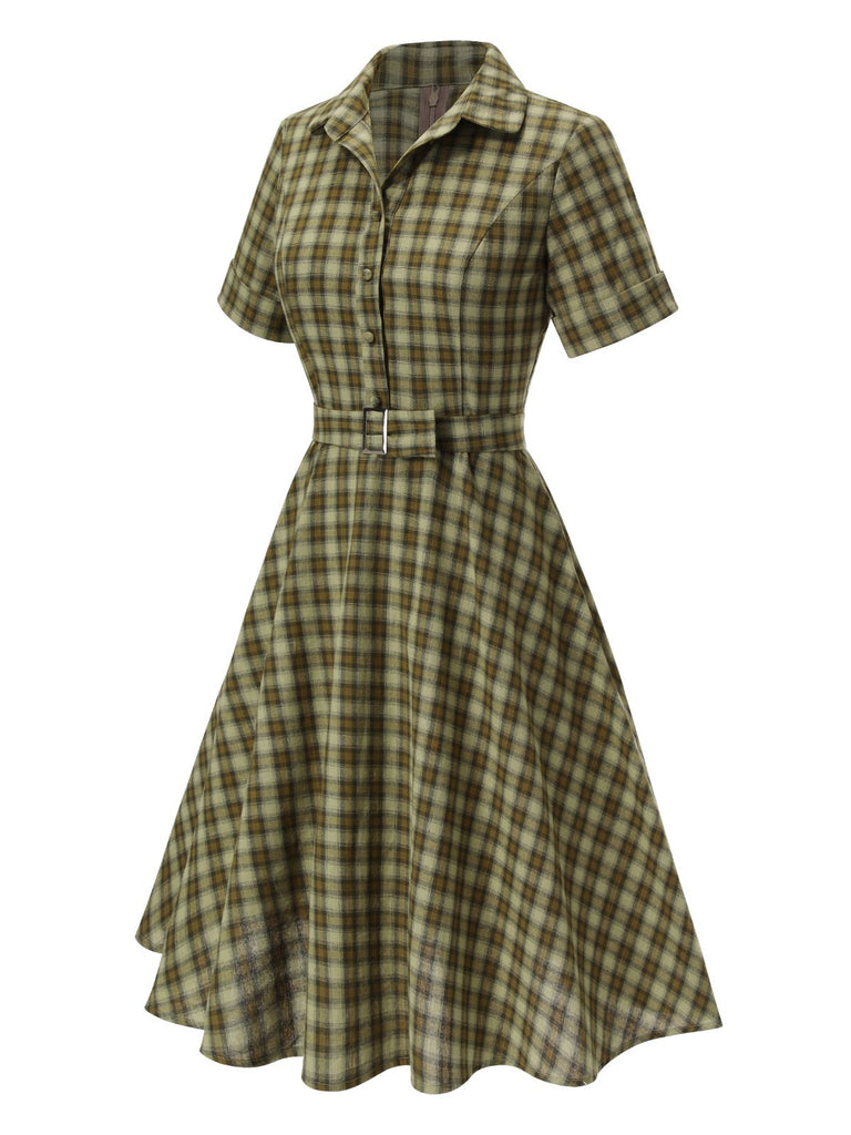 Robe Swing Vintage Verte Année 50 Boutonnée avec Ceinture Chic
