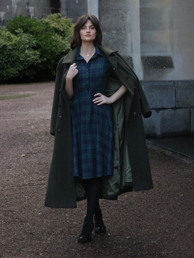 [Prévente] Robe Swing Vintage Verte Année 50 Boutonnée avec Ceinture Chic