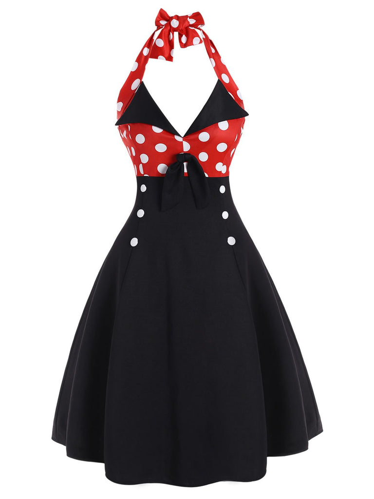 Robe Vintage à Pois Année 50 Patchwork à Col Licou et ensemble d'accessoires