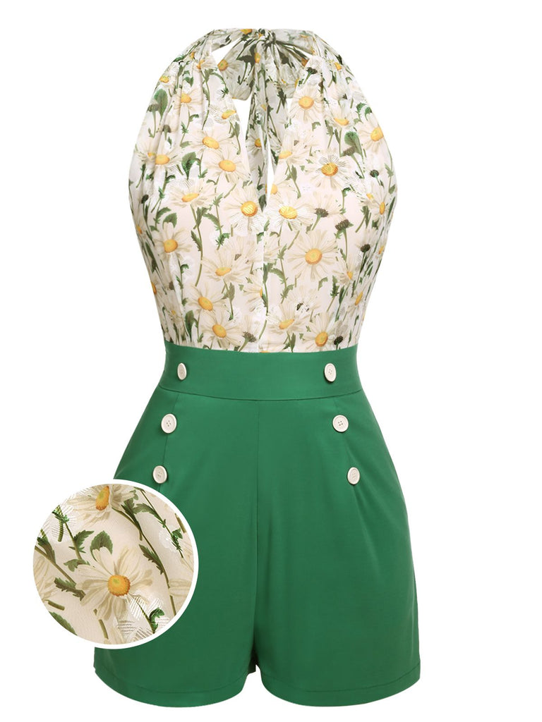 Combishort vintage à lacets et col licou à fleurs des années 1950