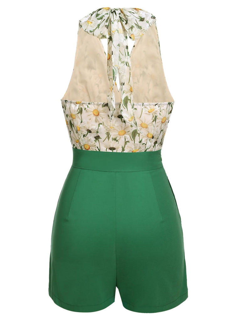 Combishort vintage à lacets et col licou à fleurs des années 1950