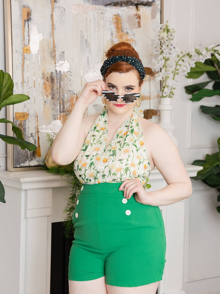 Combishort Vert Vintage Années 50 à Fleur avec Boutons Chic