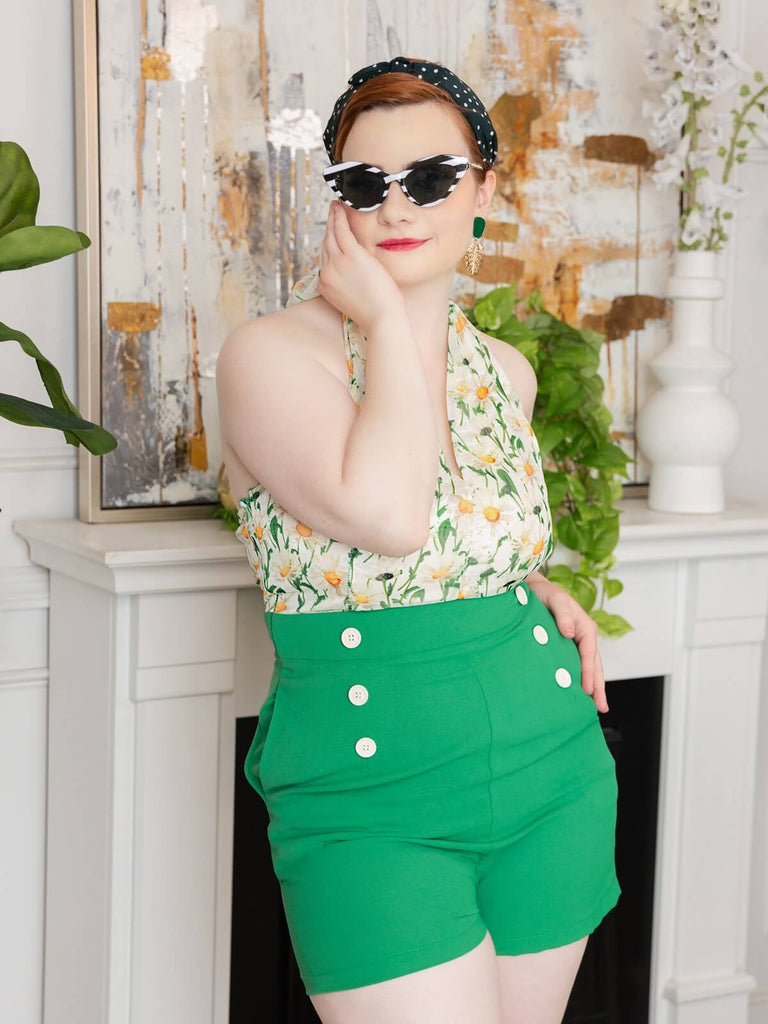 Combishort Vert Vintage Années 50 à Fleur avec Boutons Chic