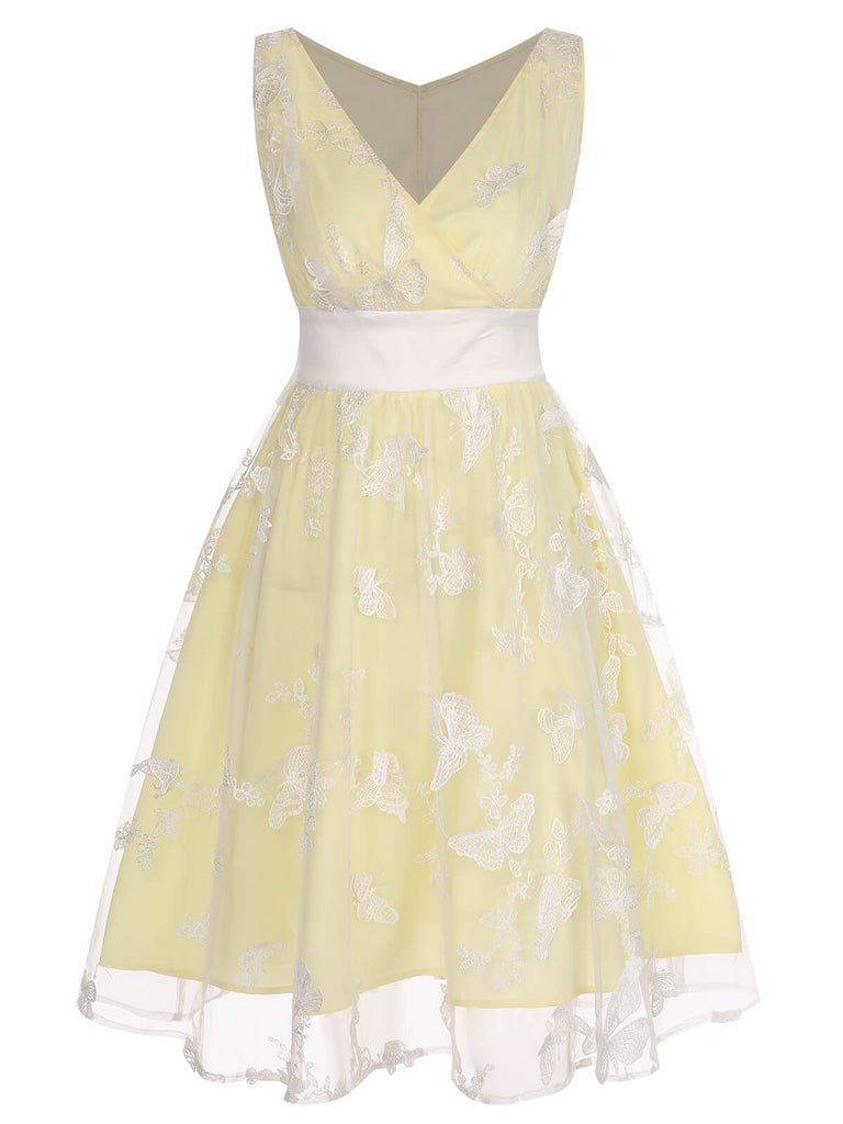Robe Swing Vintage à Col V Année 50 avec Papillons Cocktail Pin Up