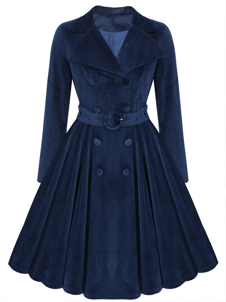 Manteau Long Velours Bleu Marine Années 1950 5