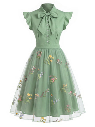 Robe vintage verte à patchwork floral années 1950