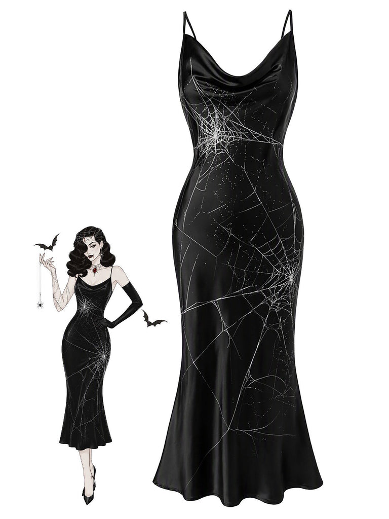 Robe noire Halloween à motif toile d’araignée des années 1960