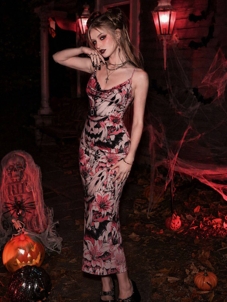Robe noire Halloween à motif toile d’araignée des années 1960