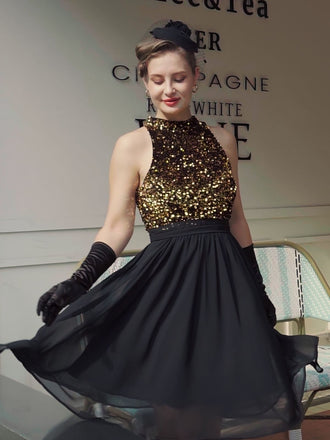 Robe patchwork noire à paillettes dorées des années 1950 Cocktail