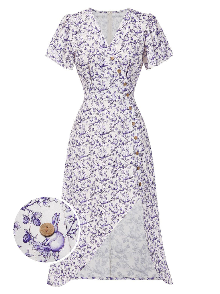 Robe rouge à col en V à fleurs des années 1940