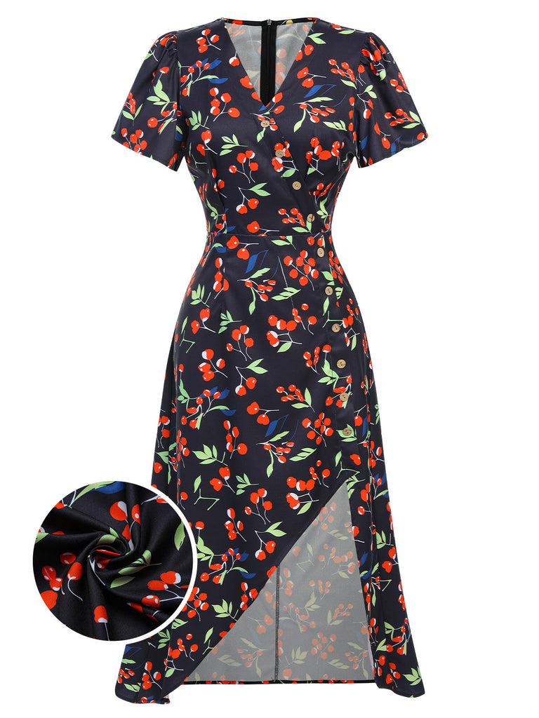 Robe bleu à col en V à fleurs des années 1940