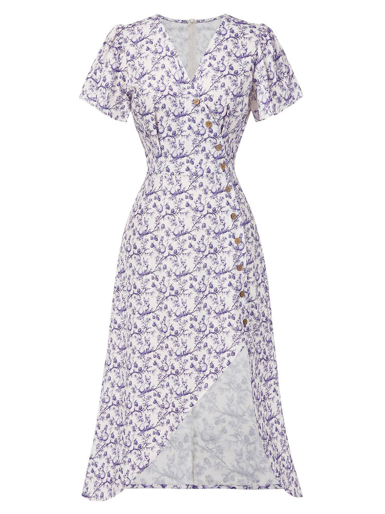 Robe rouge à col en V à fleurs des années 1940