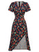 Robe bleu à col en V à fleurs des années 1940