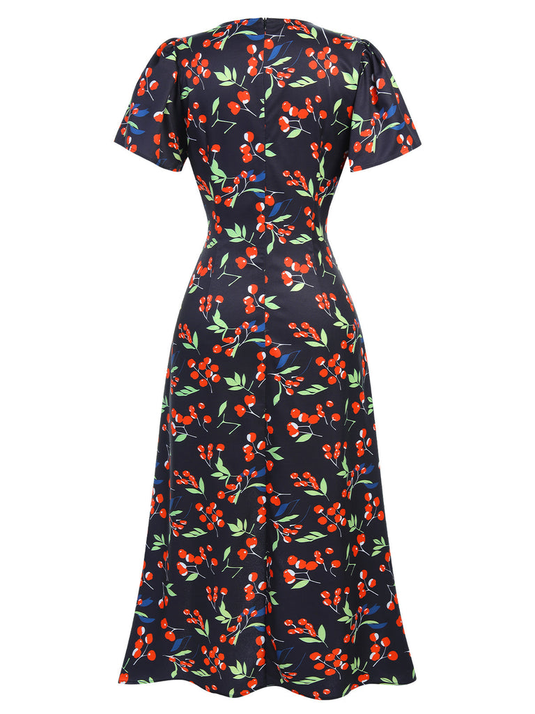Robe bleu à col en V à fleurs des années 1940