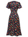 Robe bleu à col en V à fleurs des années 1940