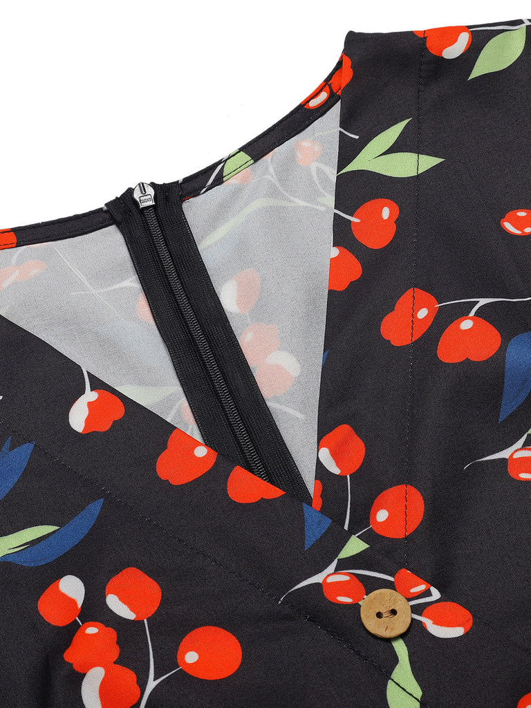 Robe bleu à col en V à fleurs des années 1940