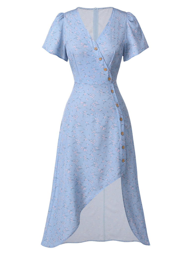 Robe rouge à col en V à fleurs des années 1940