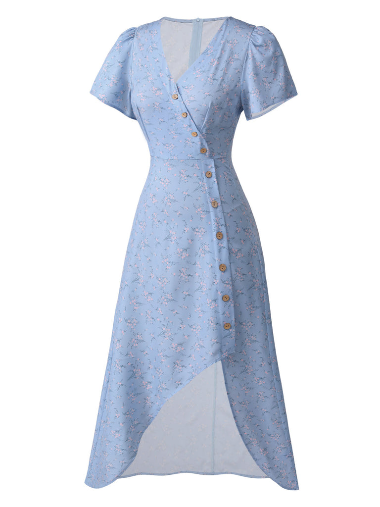 Robe rouge à col en V à fleurs des années 1940