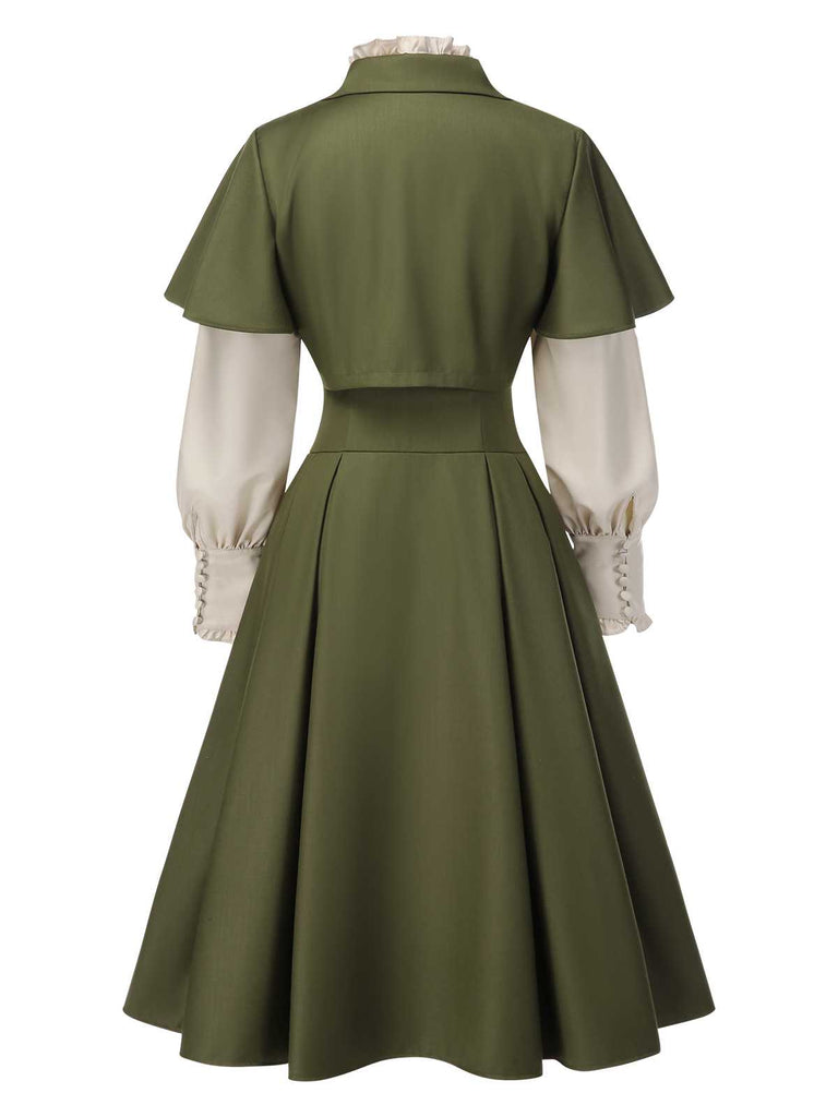 [Prévente] 2PCS robe vertes victoriennes col jabot et nœud et cape courte années 1950