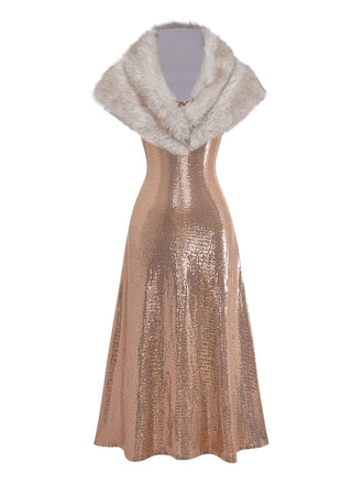 [Prévente] 2PCS robe à paillettes et châle en fausse fourrure marron années 1920