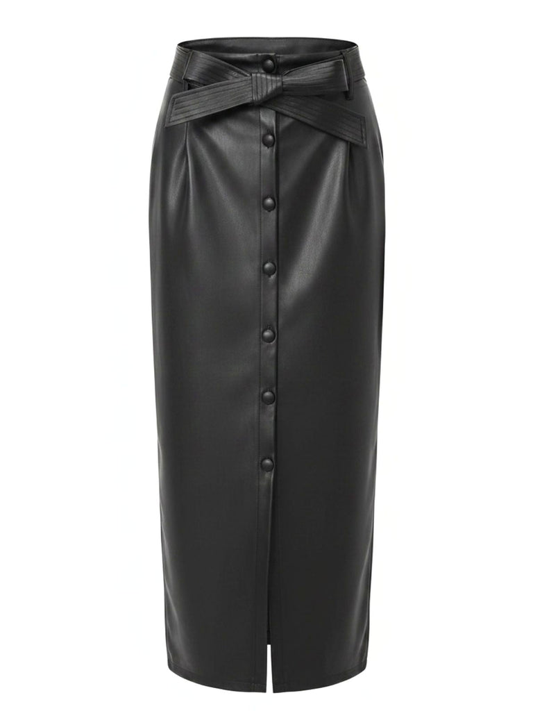 Skirt Taille Haute PU Leather Fendu Ceinturé Maxi Années 1970 2