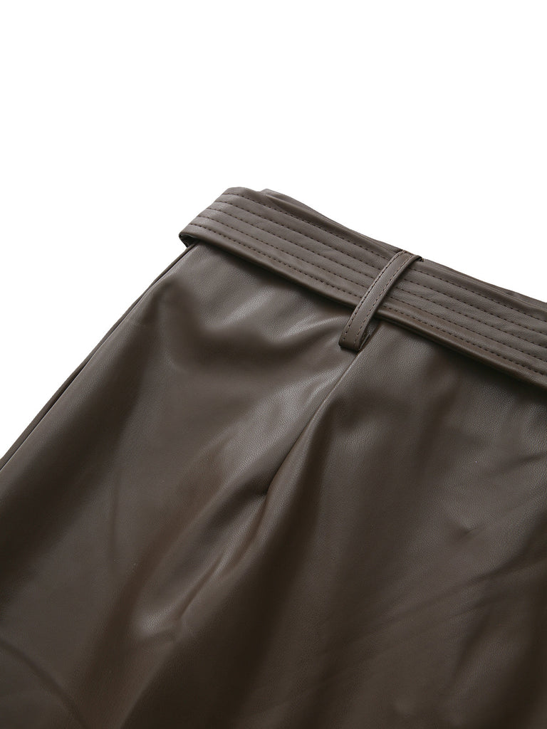 Skirt Taille Haute PU Leather Fendu Ceinturé Maxi Années 1970 8